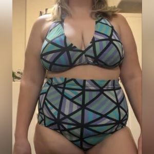Swimsuit - Geometric Blue Halter Top High Wasted Bottom